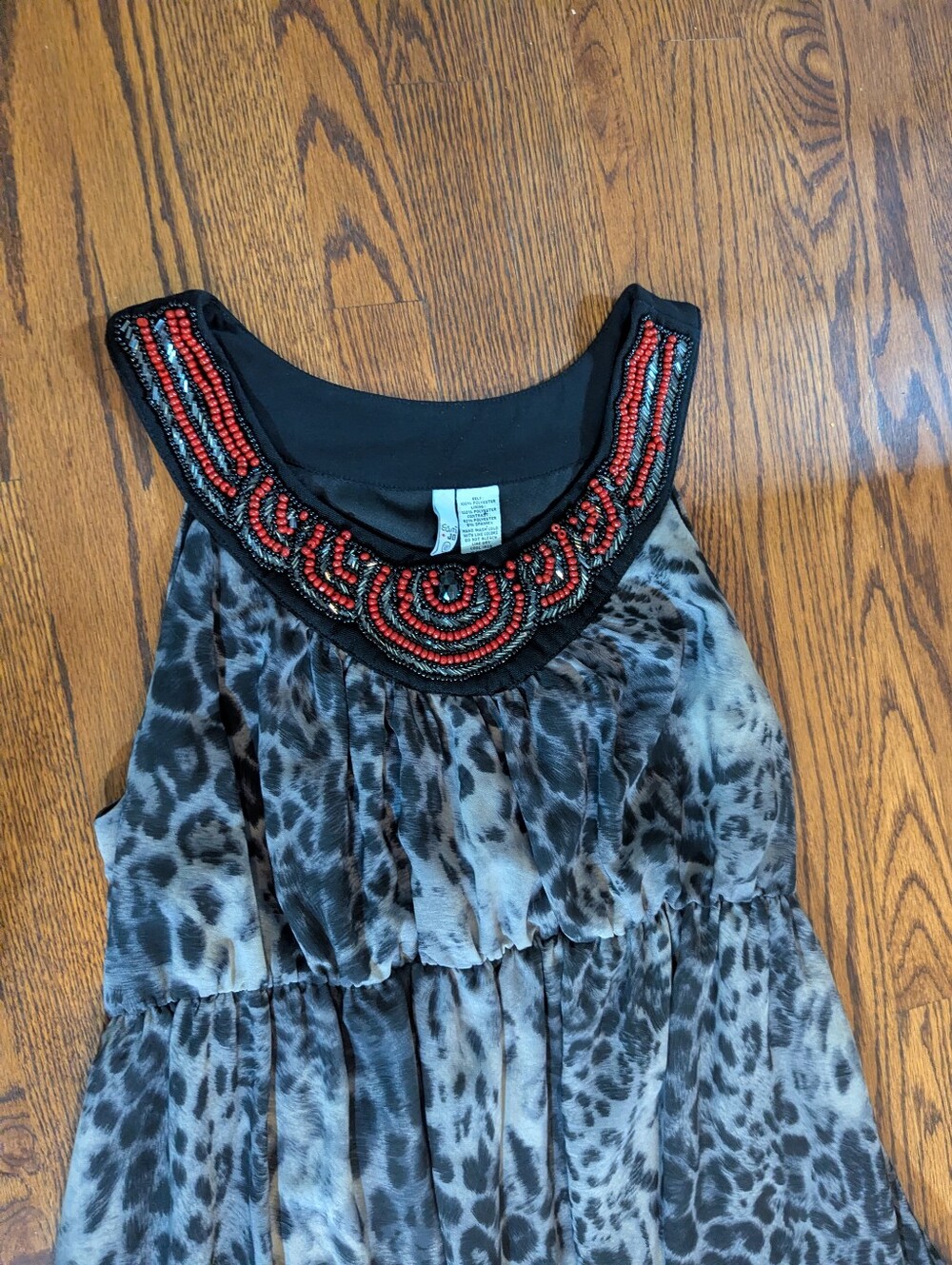 Sami + Jo Mixed Print Leopard/Splatter Maxi Flowy Dress Red/ Black Beaded Collar - Picture 3 of 9